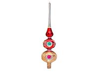 Full front view of the tall spire glass tree topper showing red and pink sections with reflective concave discs.