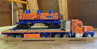 Orange and blue Lionel flatbed toy truck with a blue and orange tanker car loaded on the trailer.