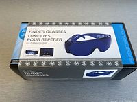 Box front showing Golf Ball Finder Glasses branding and product image of blue glasses