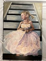 Front view of the oil painting showing the young ballet child in a pink dress sitting on stairs.