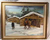 Full view of the oil painting depicting a winter scene with log cabins, two men, and horses in the snow.