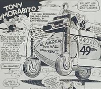 Close-up image of part of the black and white illustration showing Tony Morabito and the football car marked 49ers and All-American Football Conference.