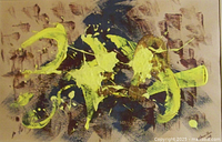 Front view of the abstract painting showing the full composition with yellow brush strokes over blue and brown background on board.