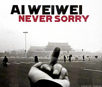 Close up image of the poster text and photo showing finger gesture and background Tiananmen Square with faded architecture.