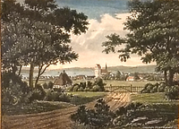 Close-up of hand-colored engraving showing rural agricultural scene with trees, fields, houses, and distant village.