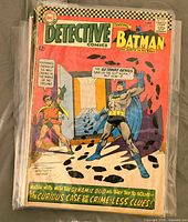 Photo of Detective Comics issue featuring Batman and Robin with footprints leading into a wall on the cover, dated June, priced at 12 cents.