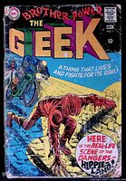 Front cover of Brother Power The Geek #1 comic book showing the title, character in red crawling, motorcyclist, price 12 cents, issue number and publication date October 1968.