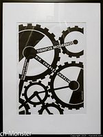 Framed black and white screen printed Cuban movie poster for Charlie Chaplin's "Modern Times" with gear design and text in Spanish.