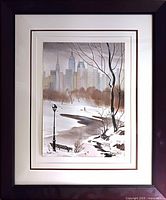 Framed watercolor painting showing a winter scene of Central Park with city skyline in the background. Painting is vertical, mostly neutral tones with some brown and black details. Signed in lower right corner.