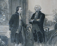 Close-up of George Washington and Marquis de Lafayette in lithograph showing detailed figures and surroundings.