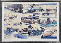 Full front view of framed large Japanese woodblock print depicting scenes from the 53 Stations of Tokaido in blue tones and natural colors on Yuzen Washi paper.