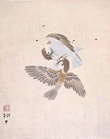 Hand-painted artwork of two sparrows on golden silk with Asian characters and red seal.