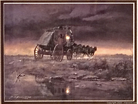 Close full view of the lithograph "One More Mile" showing a covered wagon team under a dusky sky, signed by artist Frank Magsino in the lower left.