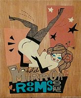 Close-up view of painting showing stylized nude female figure, bold colors, text and star motifs