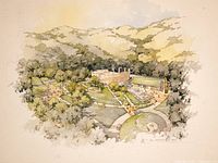 Aerial watercolor architectural drawing depicting the California Shakespeare Theater, outdoor stage, seating, and surrounding natural landscape.