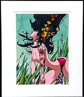 Framed original lithograph print by Jim Mahfood showing a nude woman with floral tattoos and flowers in her hair, in a natural outdoor setting.