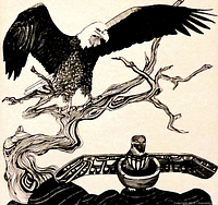 Close-up of the print showing the eagle on a branch and Indigenous styled totem figure, highlighting the detailed black and white artwork.