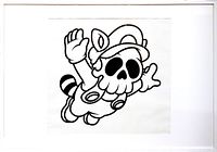 Framed poster of stylized Mario character with skull face in black and white screen print
