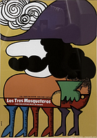 Close-up photo of the colorful abstract musketeer design on the screen printed poster with text "Los Tres Mosqueteros."