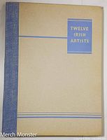 Front cover of portfolio titled 'TWELVE IRISH ARTISTS' with blue linen spine and beige cover