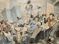 Close-up detail of the satirical aquatint engraving showing multiple animated figures in Georgian-era clothing in a chaotic indoor setting