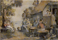 Close-up of the artwork depicting several figures at an outdoor tavern or rustic setting engaging in social interaction, showing the style and tonal palette of the piece.