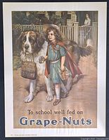 Full view of vintage Grape-Nuts advertising poster depicting girl and Saint Bernard dog with slogan.