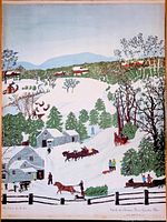 Framed lithograph print showing a winter rural scene with horse-drawn sleighs, multiple houses, trees, and figures active in snow, signed in the lower left corner and titled in the lower right corner, distinct Grandma Moses folk art style.