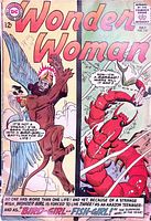 Front cover of Wonder Woman #147 comic showing the title, cover art with winged monkey and lobster-like creature, price of 12 cents, and date July 1964.
