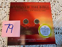 Front view of Coins of the Bible set 2 of 3 with Lepton of Pontius Pilate and Widow's Mite coins displayed in holder.