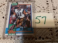 Front view of Jim Everett signed Topps card with autograph visible and card in protective plastic case.