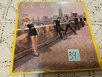 Close-up photo of the Blondie vinyl album cover showing band members and cityscape.