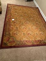 Full view of the paprika red area rug showing overall pattern and condition on carpeted floor.