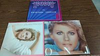 Photo of 3 Olivia Newton-John albums stacked on a wooden surface, showing cover art for Xanadu, Greatest Hits, and On J.