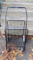 Front view of the black metal folding cart with wire mesh basket and handle. Two large rear wheels and two smaller front wheels visible on asphalt with dry leaves.