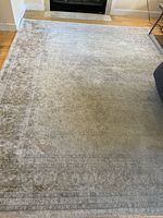 Full view of the creme beige rug showing the light floral and ornate pattern with a decorative border.