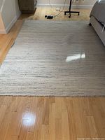 Full view of beige-grey rectangular rug on hardwood floor showing size and condition.