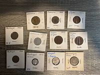 Collection of 11 coins in sleeves with handwritten country and year labels from Jamaica, Japan, Portugal, Nepal, and Nicaragua.