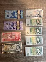 Canadian dollar bills of various denominations arranged on a wooden surface