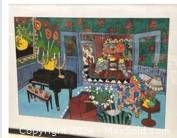 Full view of framed artwork leaning on table