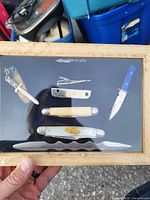 Five pocket cutters displayed in a wooden framed glass case on a black background, showing varied handle materials and blade styles.