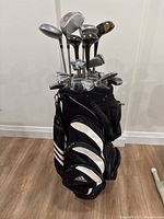 Full view of golf bag filled with golf clubs, showing overall set and condition.