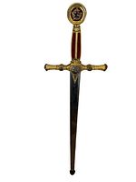 Full-length view of sword upright showing blade, guard, handle, and pommel