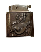 Front view of silver lighter with Renaissance man playing lute design embossed on the front face.