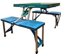 Side and angled view of green tabletop with two attached blue perforated benches, metal legs and supports shown, foldable design visible.