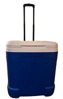 Front view of the blue and white Igloo cooler with extendable black handle pulled up, showing the clean lid and body with wheels underneath.