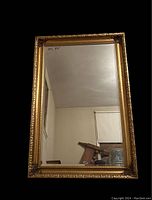Full view of the large rectangular gold framed mirror showing beveled edges on the glass.