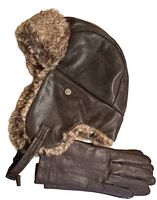 A men's brown leather aviator hat with faux fur lining and matching brown leather gloves.