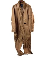 Full view of the tan coveralls hanging, showing overall condition and design, corduroy collar, front zipper and pockets.