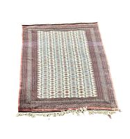 Full view of the Persian style rug laid flat showing overall design, colors, and fringes.